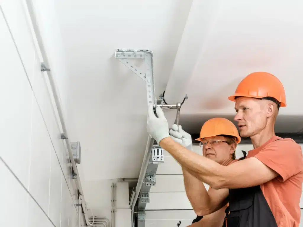 Technicians installing the new garage door